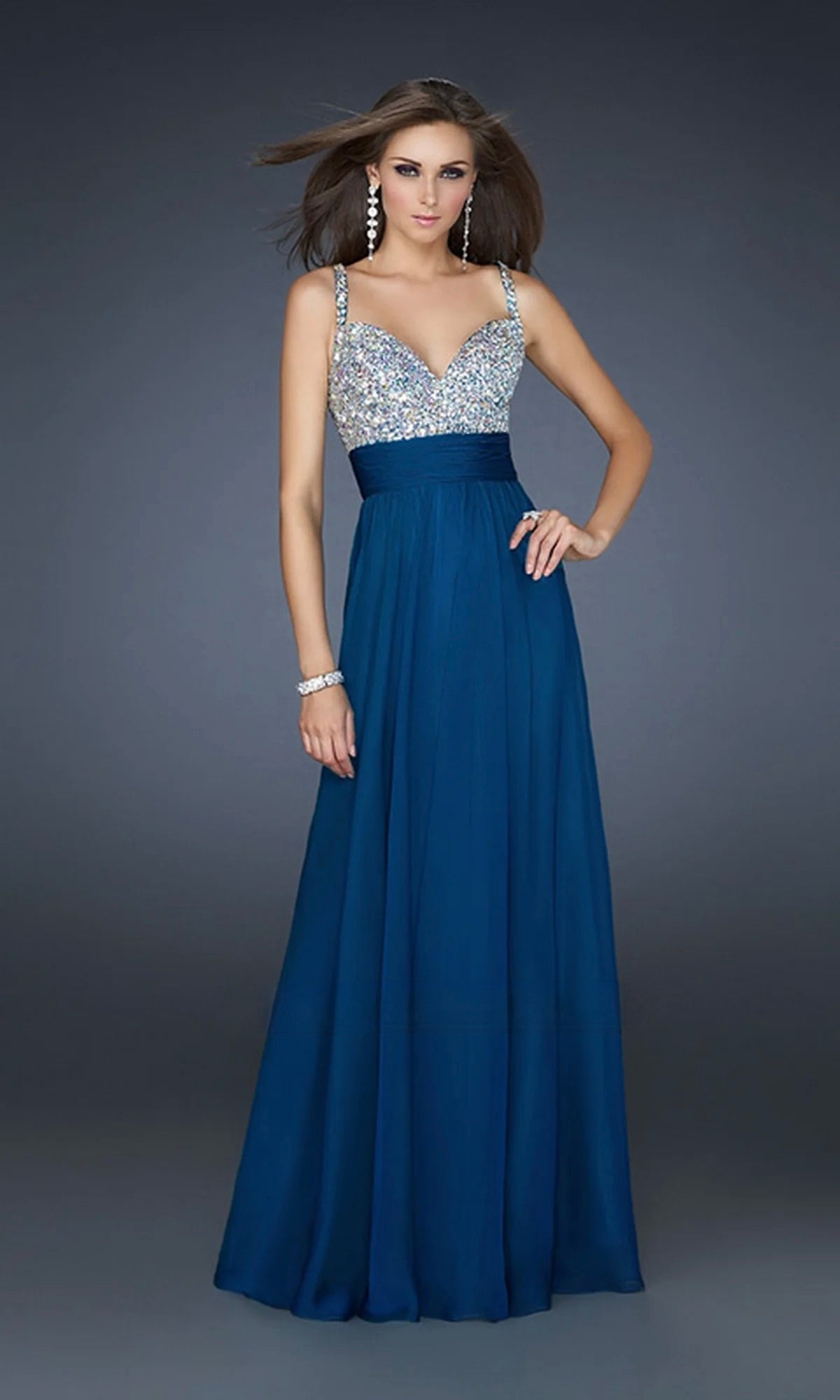 La Femme Embellished Teal Empire Evening Gown