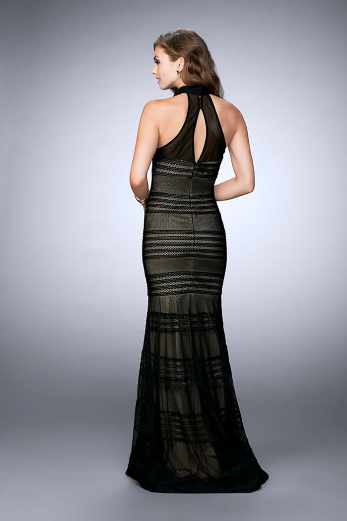 La Femme Black Mesh Halter Evening Gown