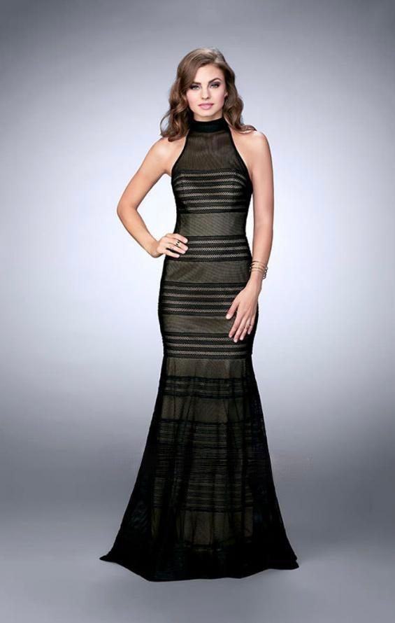 La Femme Black Mesh Halter Evening Gown