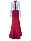 La Femme Deep Red Embellished Side Cutout Evening Gown