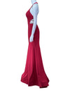 La Femme Deep Red Embellished Side Cutout Evening Gown
