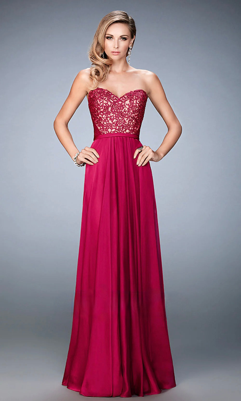 La Femme Raspberry Embellished Strapless Evening Gown