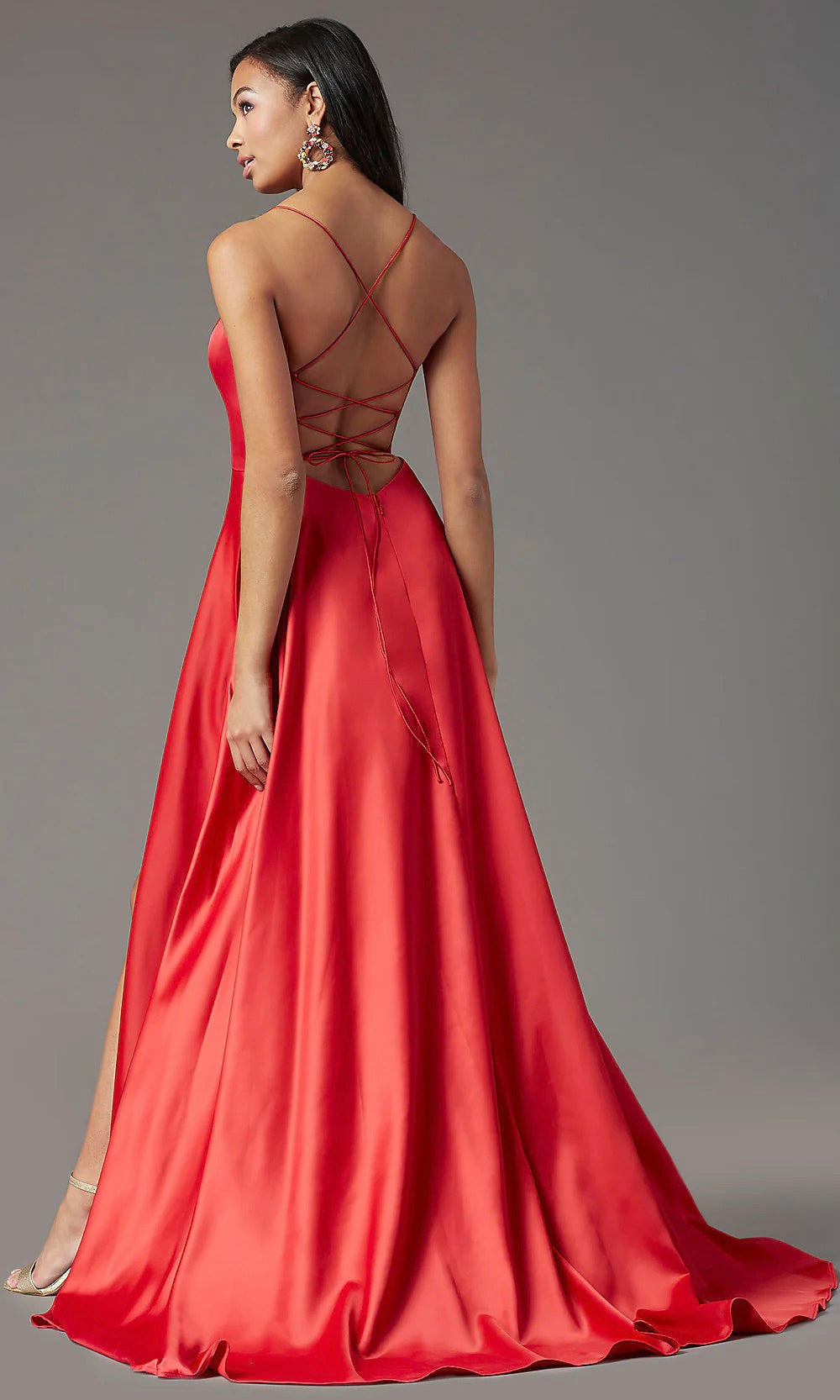 PG Red Satin Plunge Evening Gown