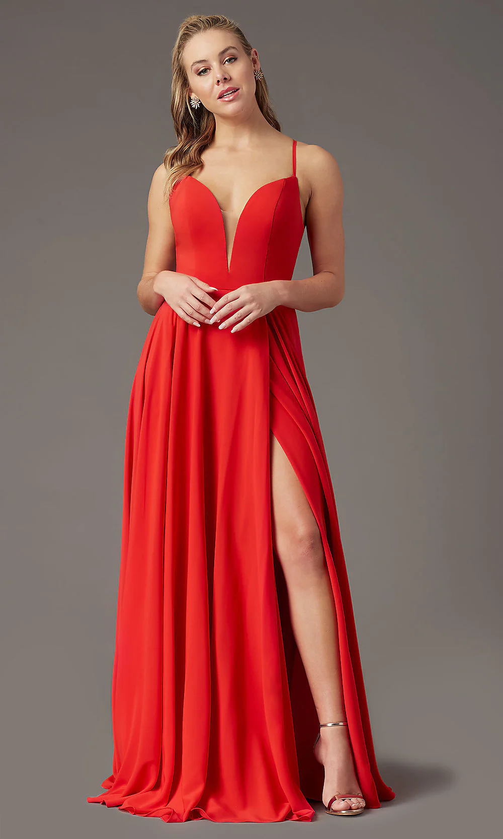 PG Red Chiffon A-Line Evening Gown