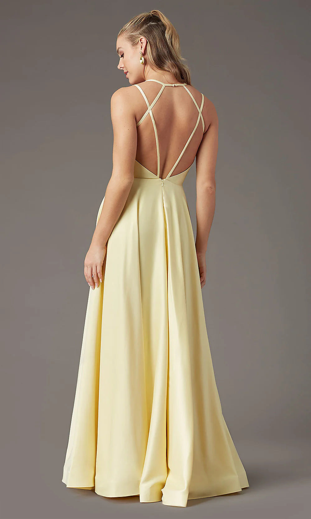 PG Soft Yellow A-Line Satin Evening Gown