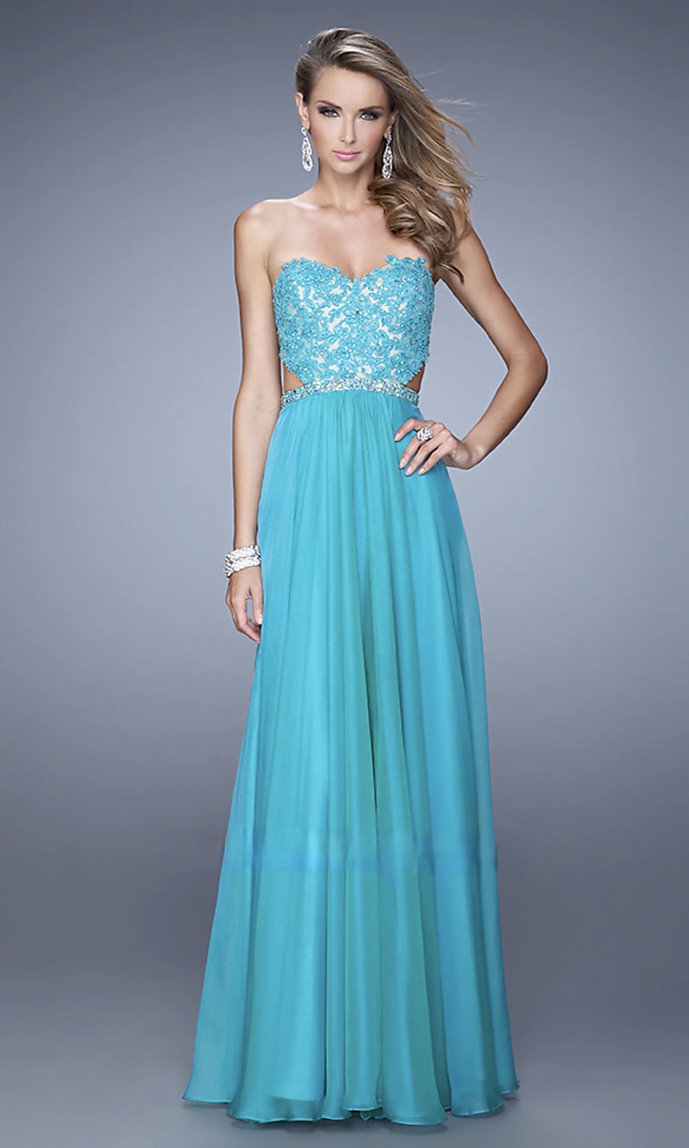 La Femme Peacock Strapless Embellished Evening Gown