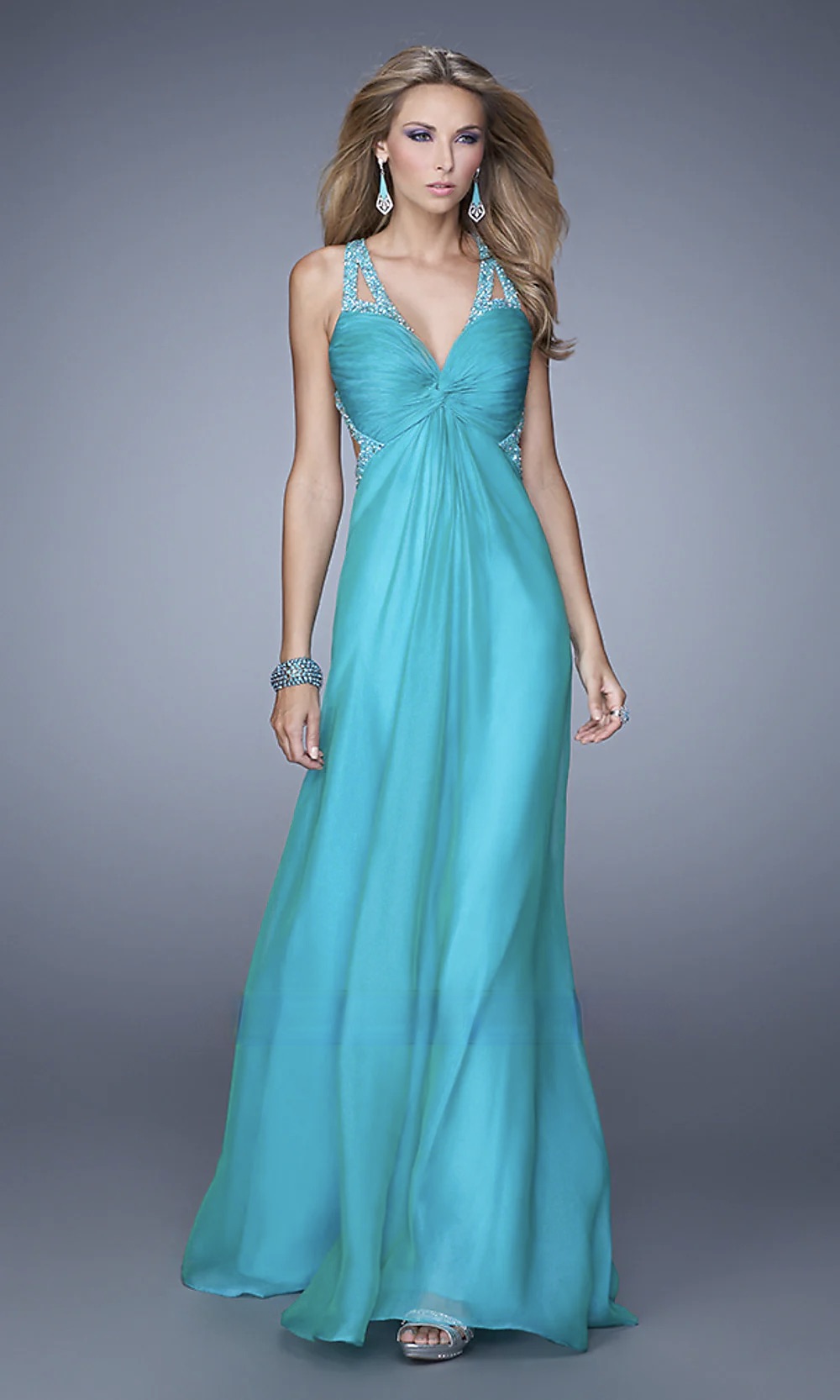 La Femme Turquoise Embellished Knot Front Evening Gown