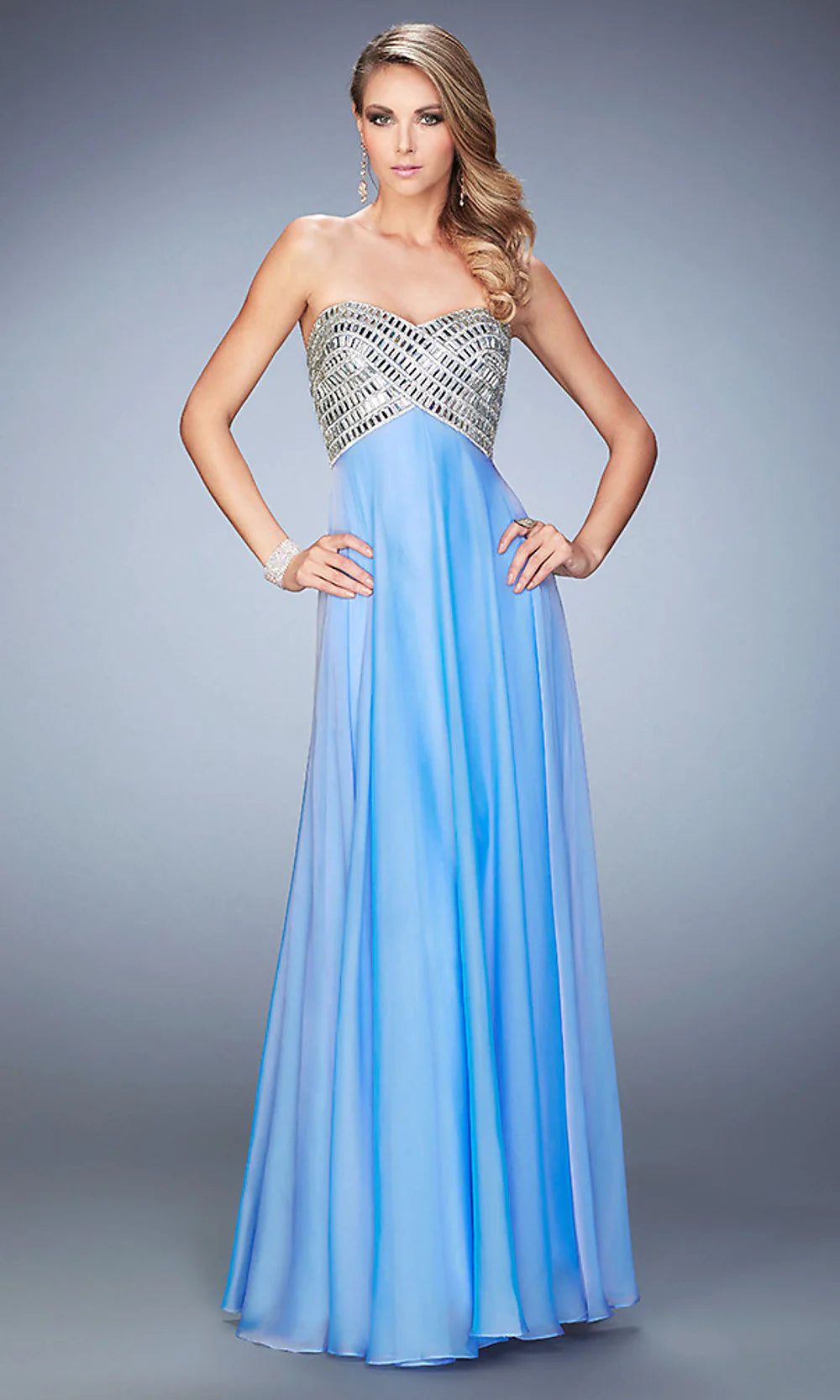 La Femme Strapless Diamante Evening Gown