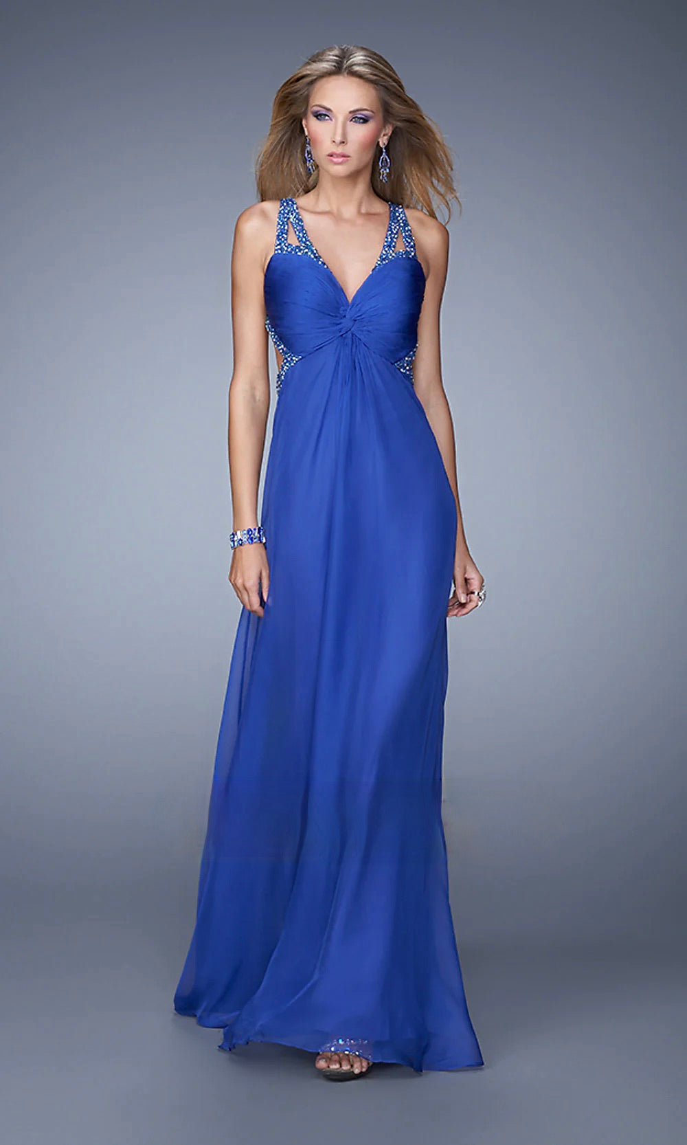 La Femme Royal Blue Embellished Knot Front Evening Gown